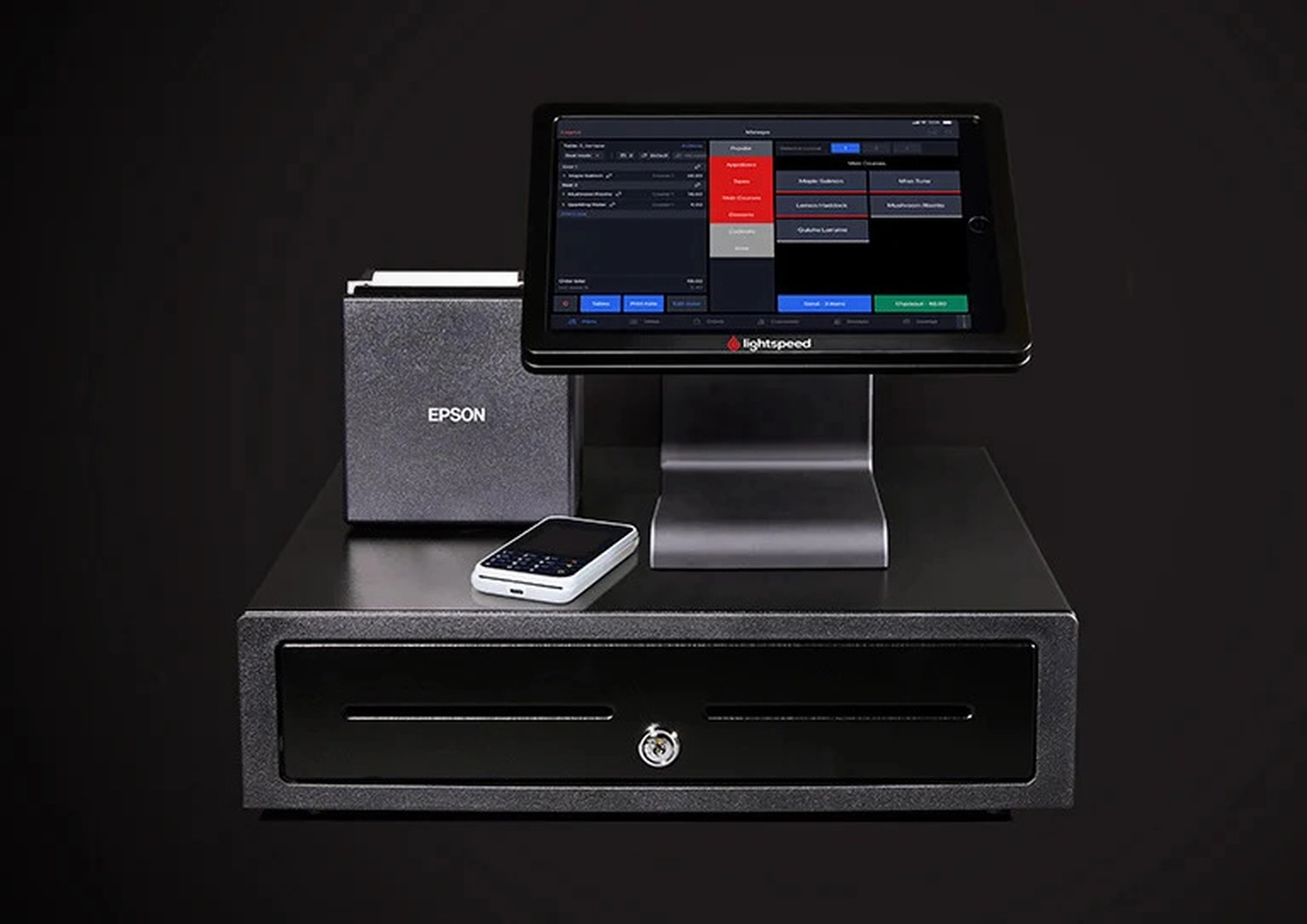 Kassenstation mit iPad im Standfuß, Epson-Bondrucker, Kartenterminal und abschließbarer Kassenlade
