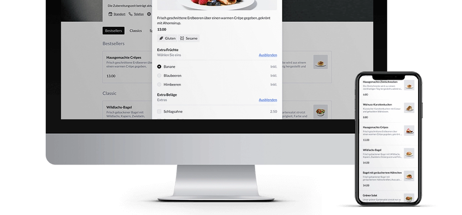 Webshop-Bestellansicht mit Artikelauswahl auf Monitor und Smartphone