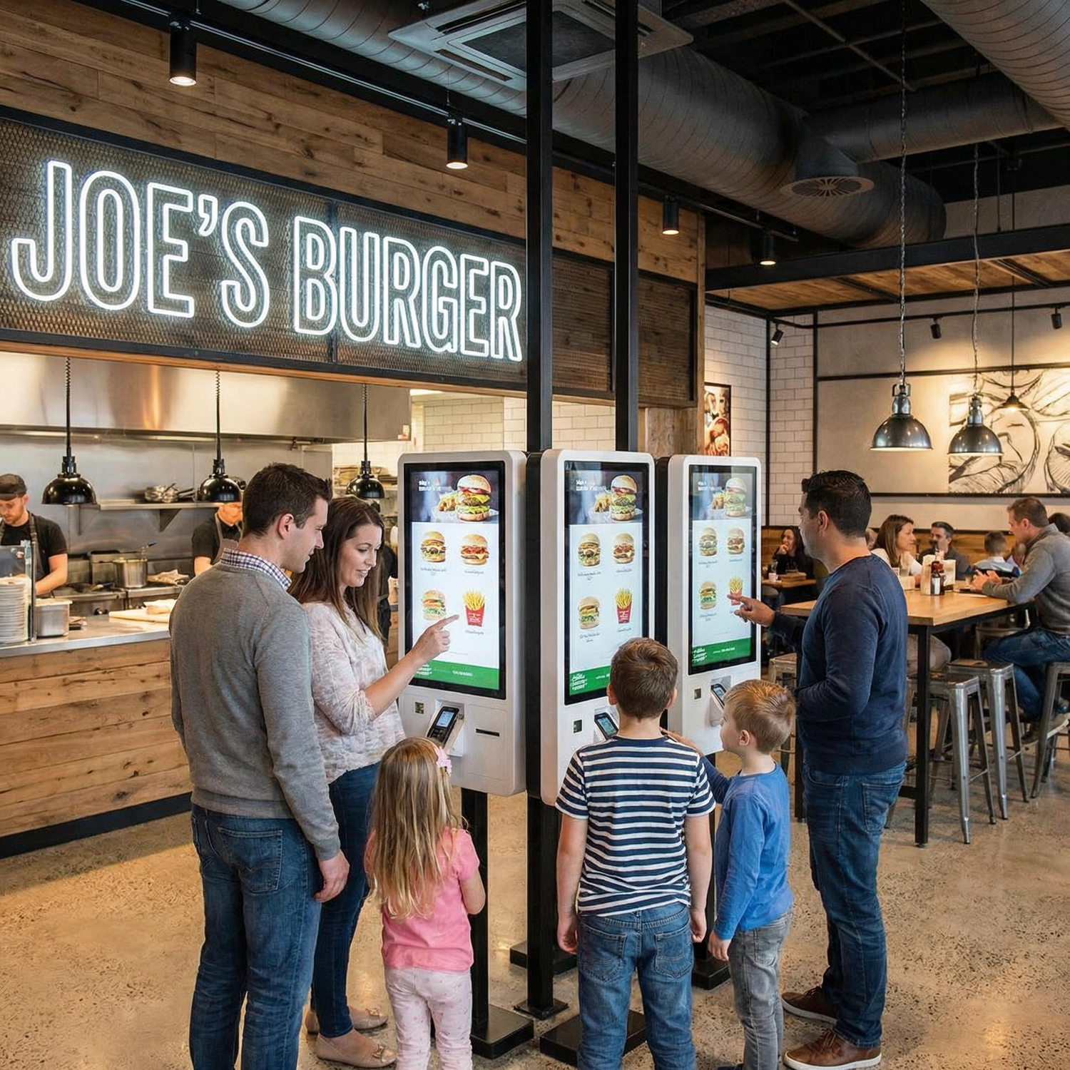 Kasse Südwest – Das Bild zeigt die Inneneinrichtung eines modernen Fast-Food-Restaurants mit mehreren Selbstbedienungs-Bestellkiosken.