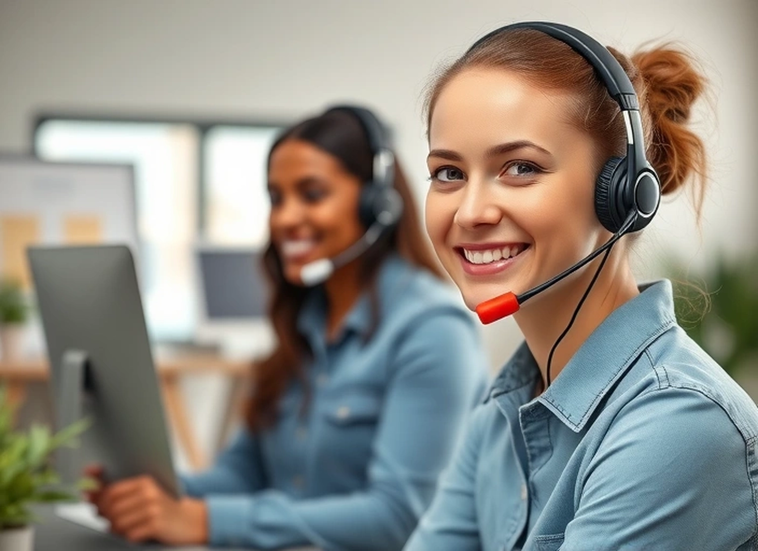 Kasse Südwest – Dieses Bild zeigt ein professionelles Callcenter oder eine Kundendienstumgebung. Es zeigt zwei Frauen mit Headsets, die an Computern arbeiten und wahrscheinlich Telemarketing-, technische Support- oder Versicherungsberatungsdienste anbieten.