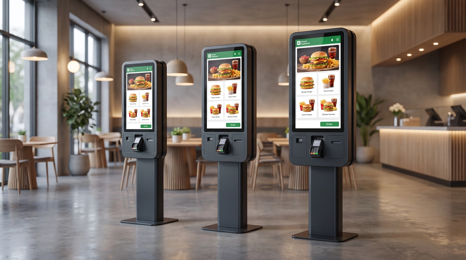 Kasse Südwest – Dieses Bild zeigt ein Self-Order-Terminal für die Bestellung von Speisen im Restaurant.