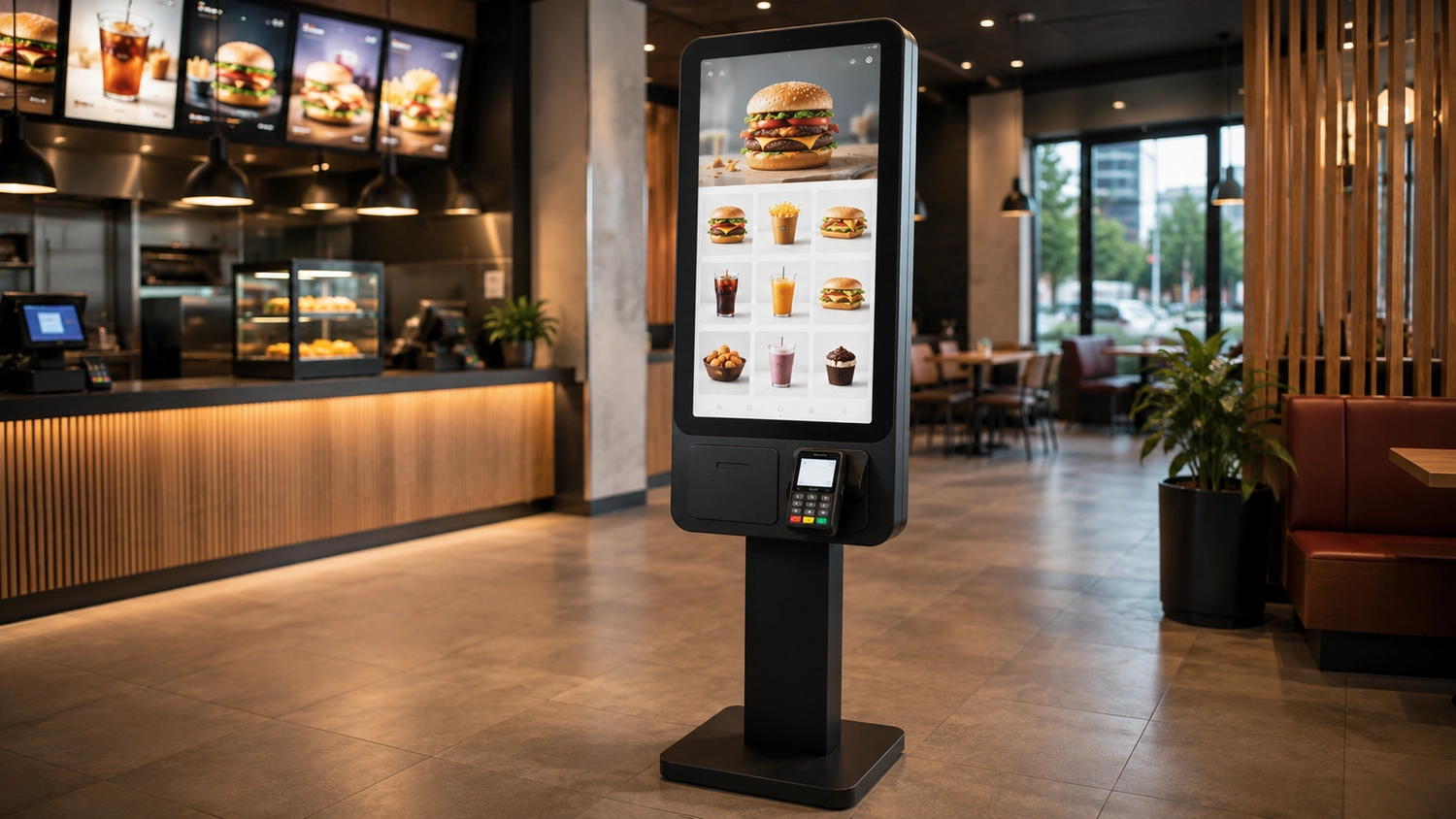 Kasse Südwest – Dieses Bild zeigt ein modernes POS-Systemterminal (Point of Sale), das über eine Tablet-Bildschirmoberfläche und einen Kartenleser verfügt.