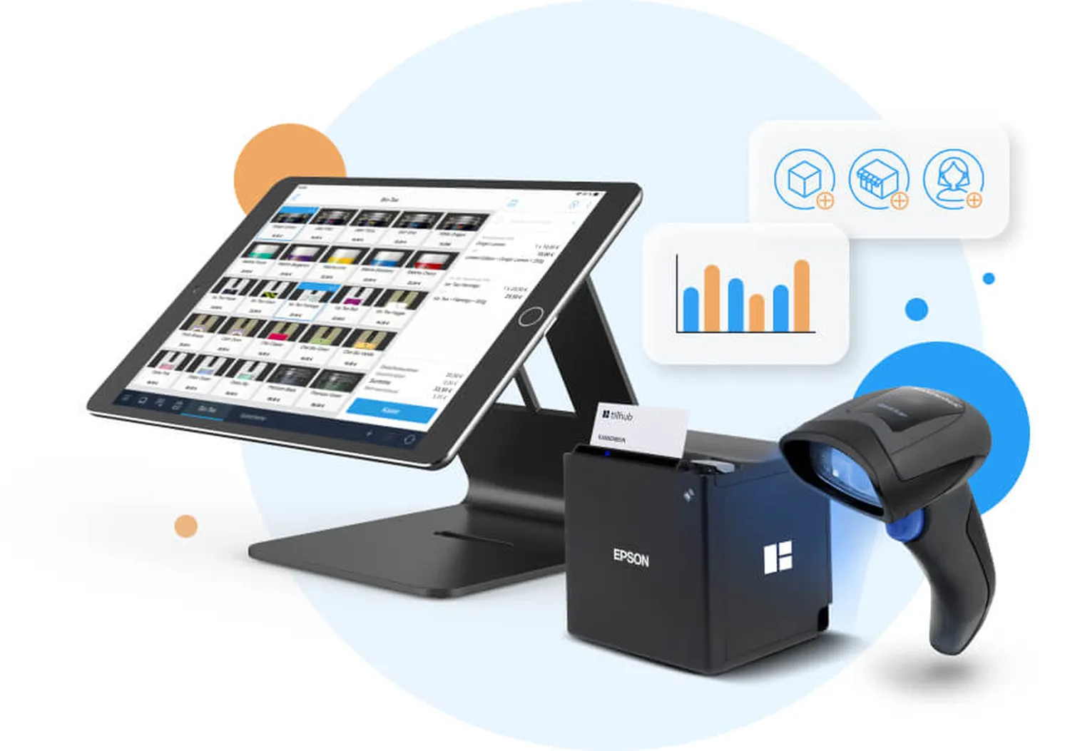 Kasse Südwest – Dieses Bild zeigt ein modernes Kassensystem (POS) mit Tablet-Bildschirm und Kartenleser.